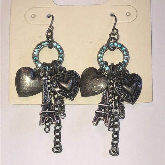 Aged Silver Tone Blue CZ Hearts Eiffel Tower Disney Parks Earrings - Picture 1 of 4